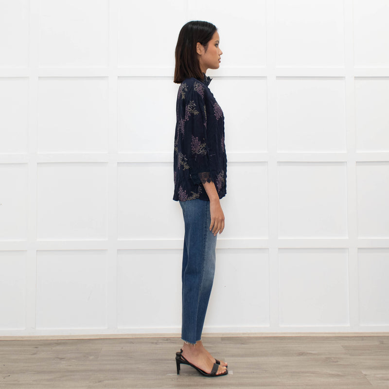 Rosemunde Blue Patterned High Neck Blouse with Lace Trim