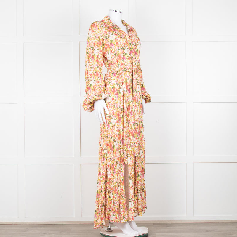 Loretta Caponi Cream Pink Yellow Floral Long Sleeve Maxi Dress