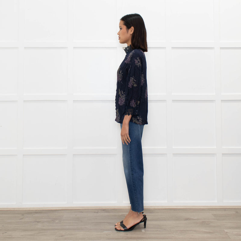 Rosemunde Blue Patterned High Neck Blouse with Lace Trim