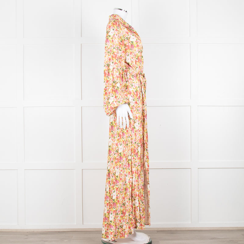 Loretta Caponi Cream Pink Yellow Floral Long Sleeve Maxi Dress