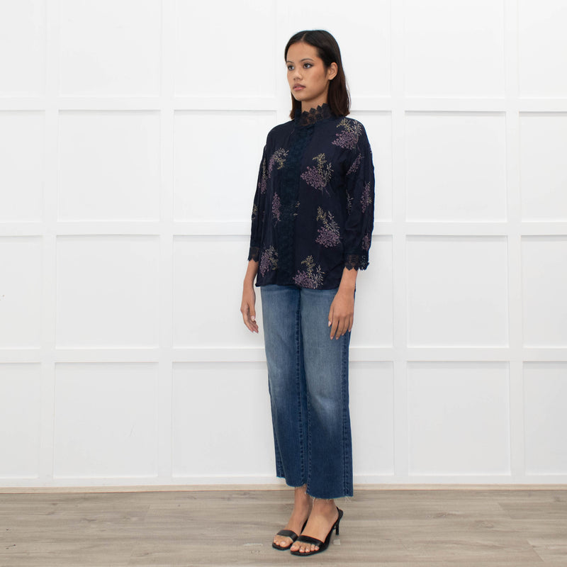 Rosemunde Blue Patterned High Neck Blouse with Lace Trim
