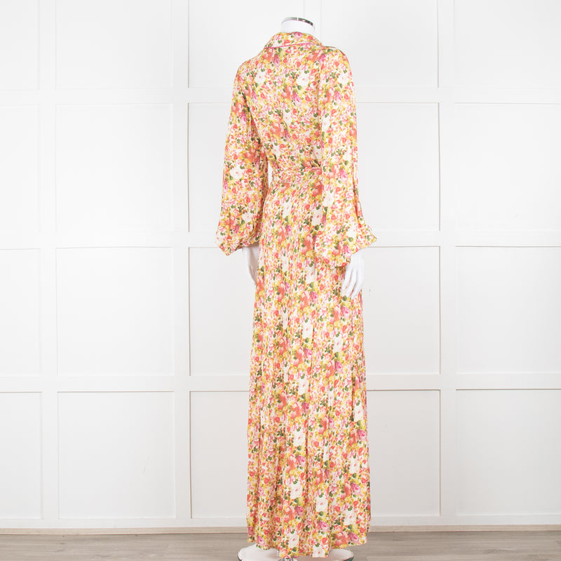Loretta Caponi Cream Pink Yellow Floral Long Sleeve Maxi Dress