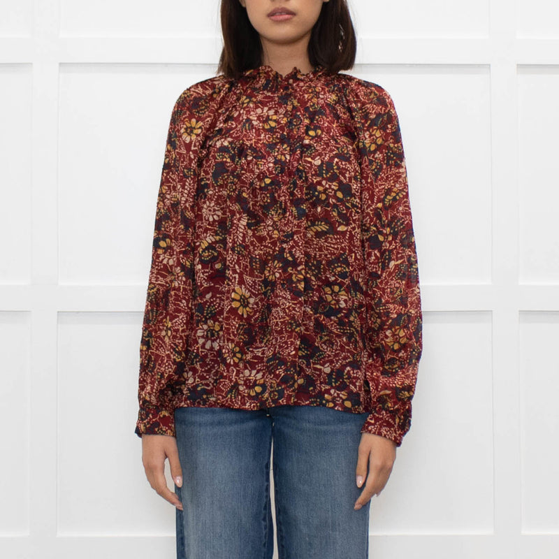 Ba&sh Red Floral Blouse with Frilled Neck