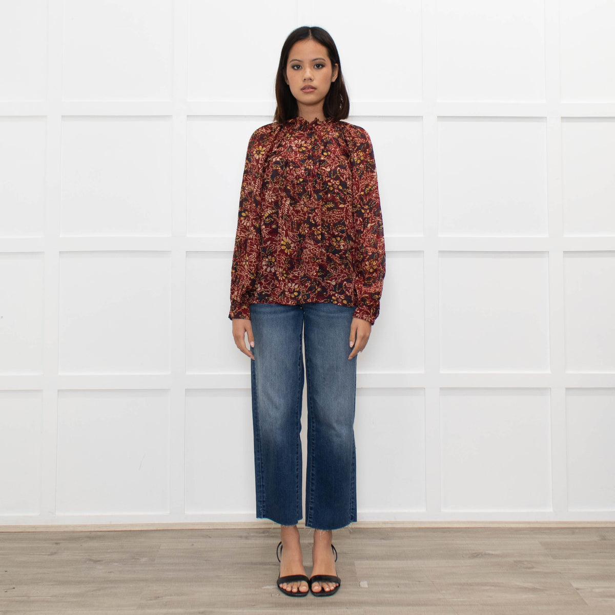 Ba&sh Red Floral Blouse with Frilled Neck