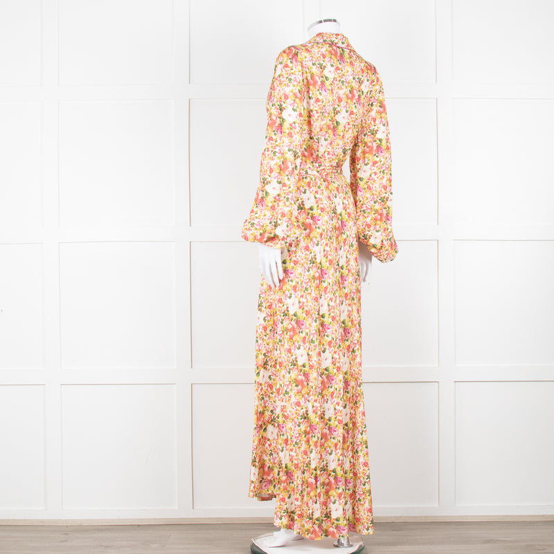 Loretta Caponi Cream Pink Yellow Floral Long Sleeve Maxi Dress