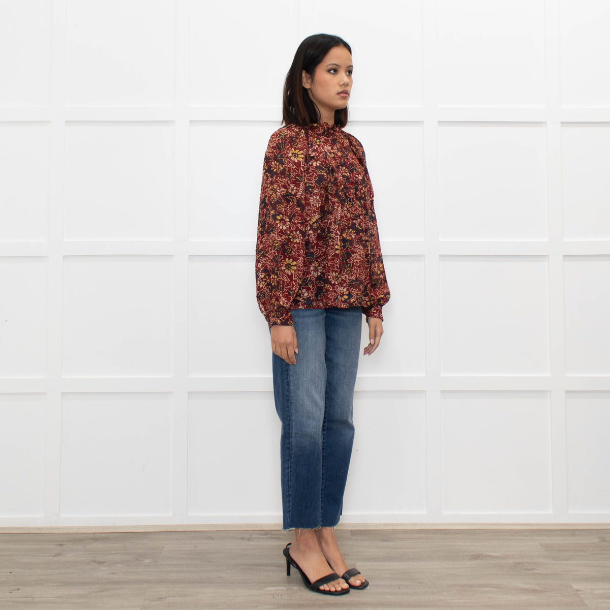 Ba&sh Red Floral Blouse with Frilled Neck