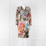 Etro Khaki Red Pink Floral Silk Long Sleeve Dress
