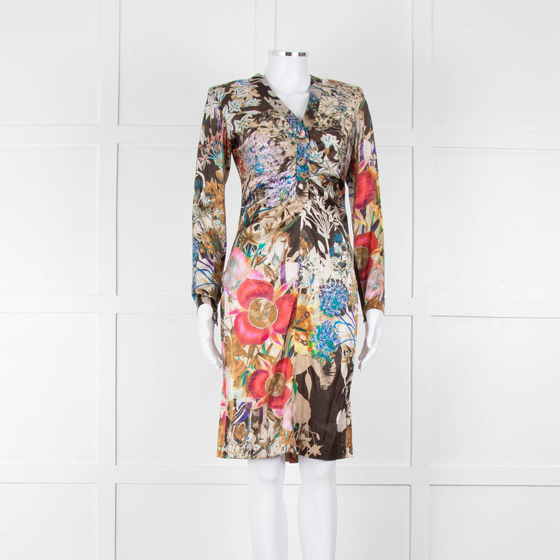 Etro Khaki Red Pink Floral Silk Long Sleeve Dress