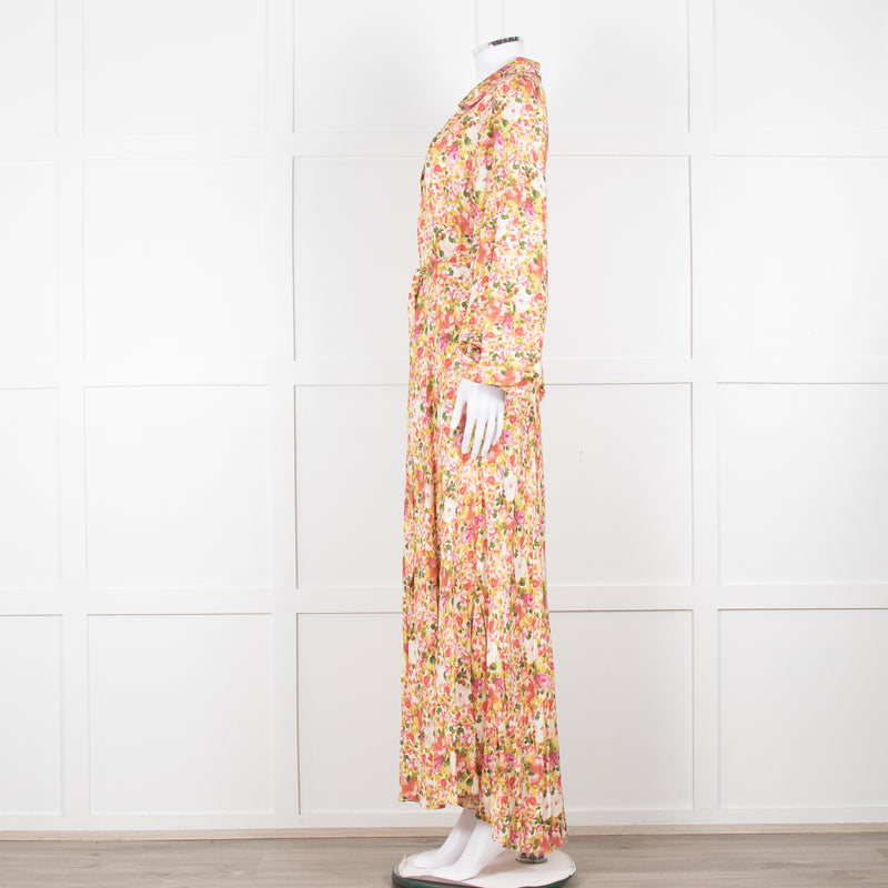Loretta Caponi Cream Pink Yellow Floral Long Sleeve Maxi Dress