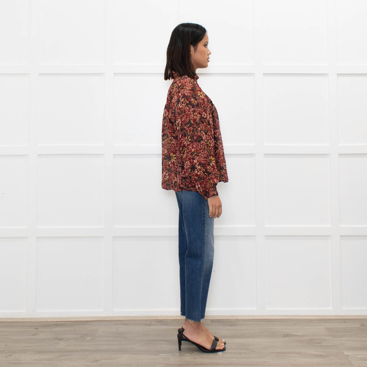 Ba&sh Red Floral Blouse with Frilled Neck