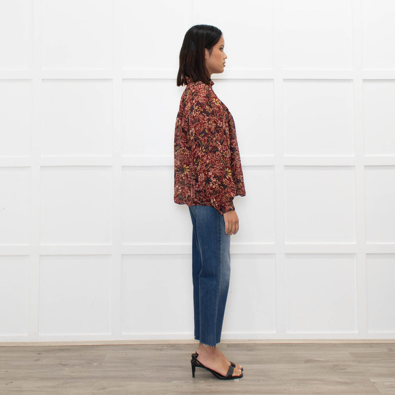Ba&sh Red Floral Blouse with Frilled Neck