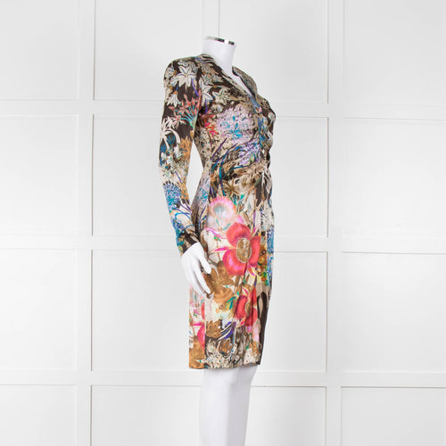 Etro Khaki Red Pink Floral Silk Long Sleeve Dress
