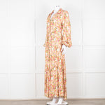 Loretta Caponi Cream Pink Yellow Floral Long Sleeve Maxi Dress