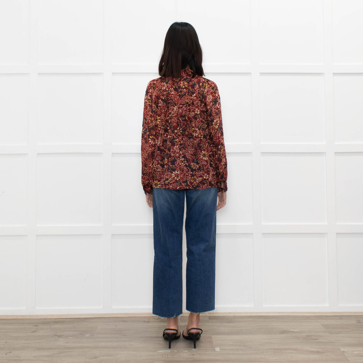 Ba&sh Red Floral Blouse with Frilled Neck