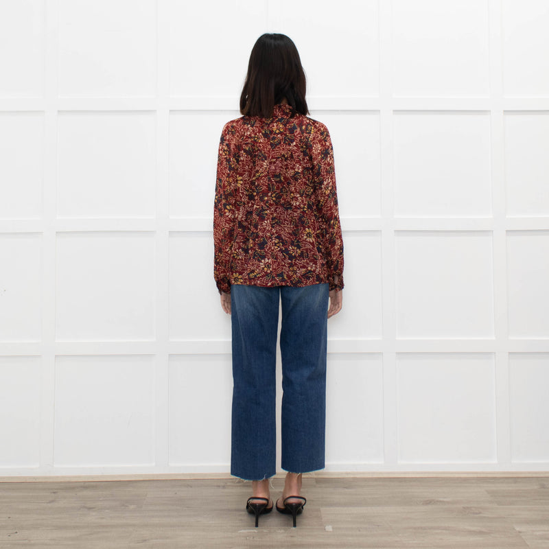 Ba&sh Red Floral Blouse with Frilled Neck