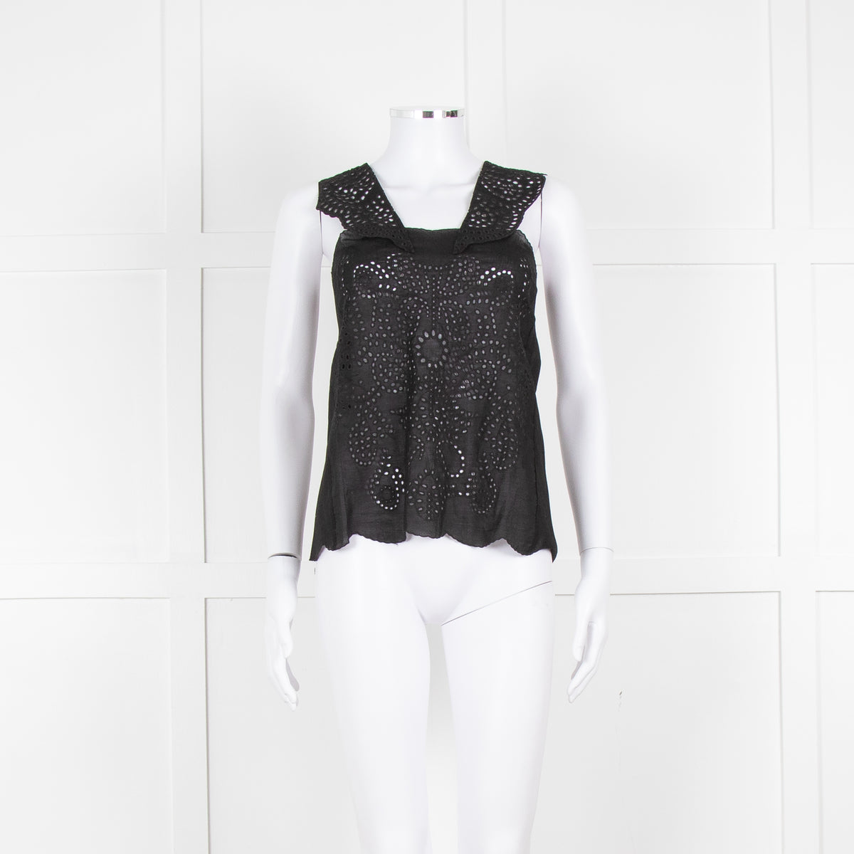 The Kooples Black Broderie Anglaise Cotton Sleeveless Top
