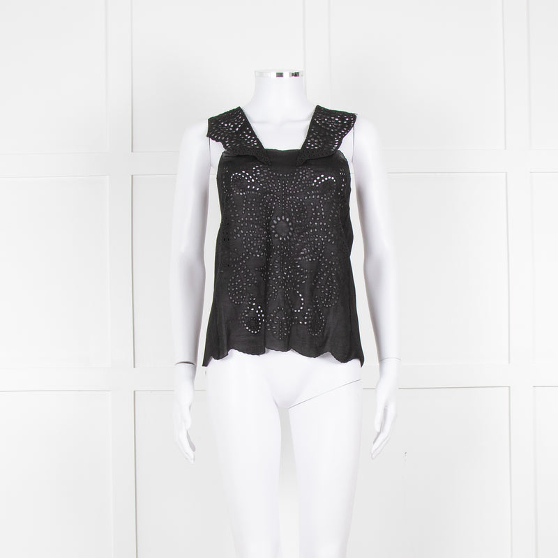 The Kooples Black Broderie Anglaise Cotton Sleeveless Top