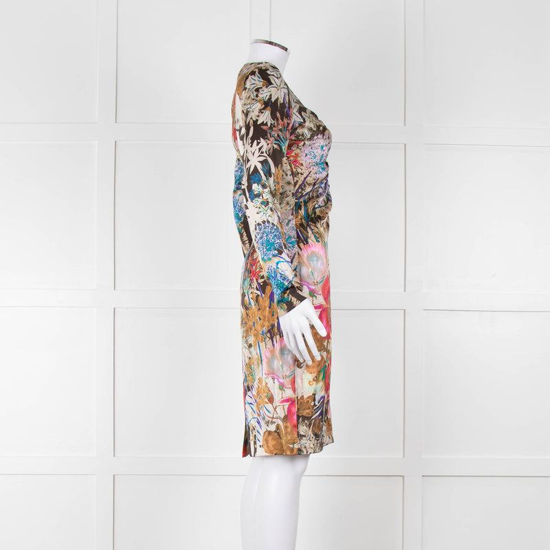 Etro Khaki Red Pink Floral Silk Long Sleeve Dress