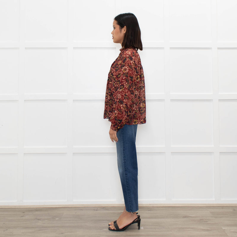 Ba&sh Red Floral Blouse with Frilled Neck