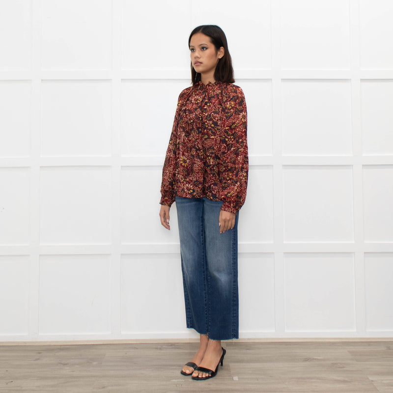Ba&sh Red Floral Blouse with Frilled Neck