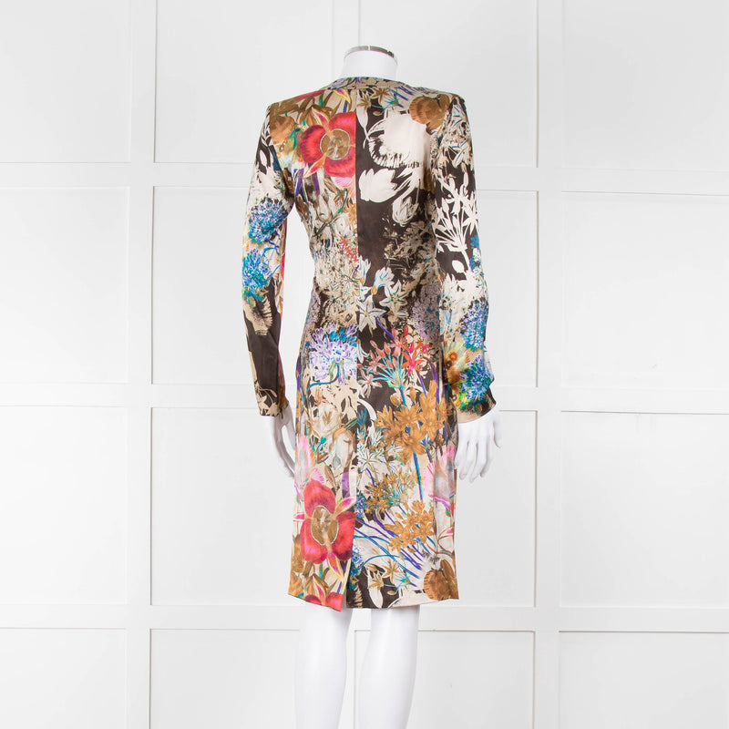 Etro Khaki Red Pink Floral Silk Long Sleeve Dress