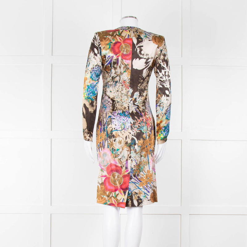 Etro Khaki Red Pink Floral Silk Long Sleeve Dress