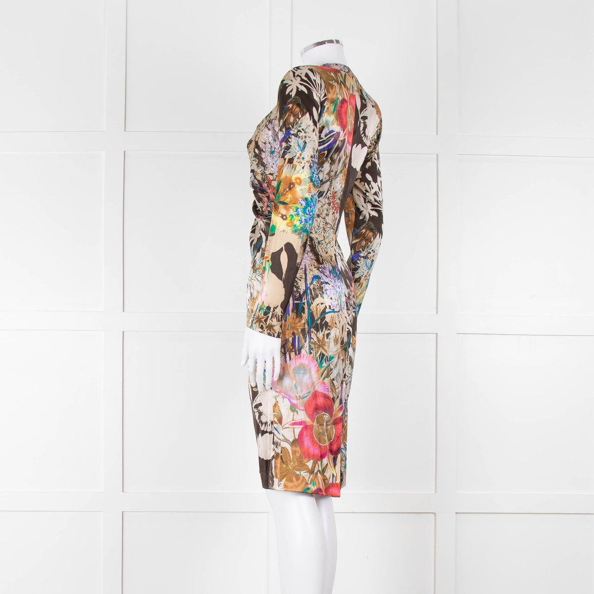 Etro Khaki Red Pink Floral Silk Long Sleeve Dress