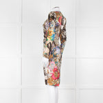 Etro Khaki Red Pink Floral Silk Long Sleeve Dress