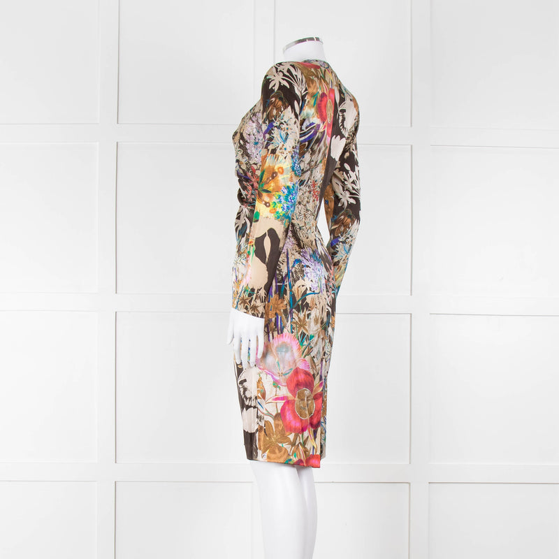 Etro Khaki Red Pink Floral Silk Long Sleeve Dress