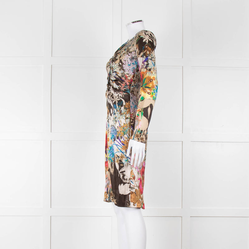 Etro Khaki Red Pink Floral Silk Long Sleeve Dress