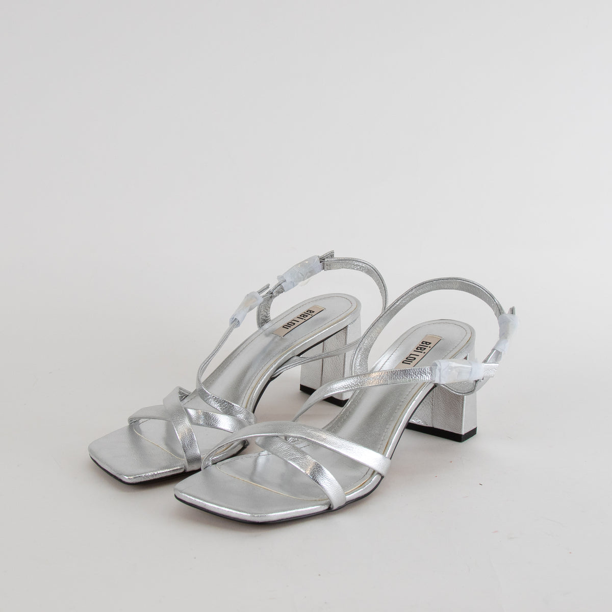 Bibi Lou Silver Strappy Block Heel Shoes