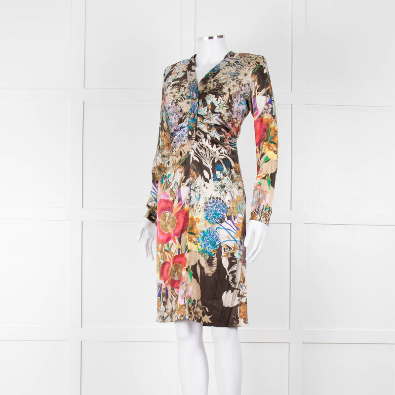 Etro Khaki Red Pink Floral Silk Long Sleeve Dress