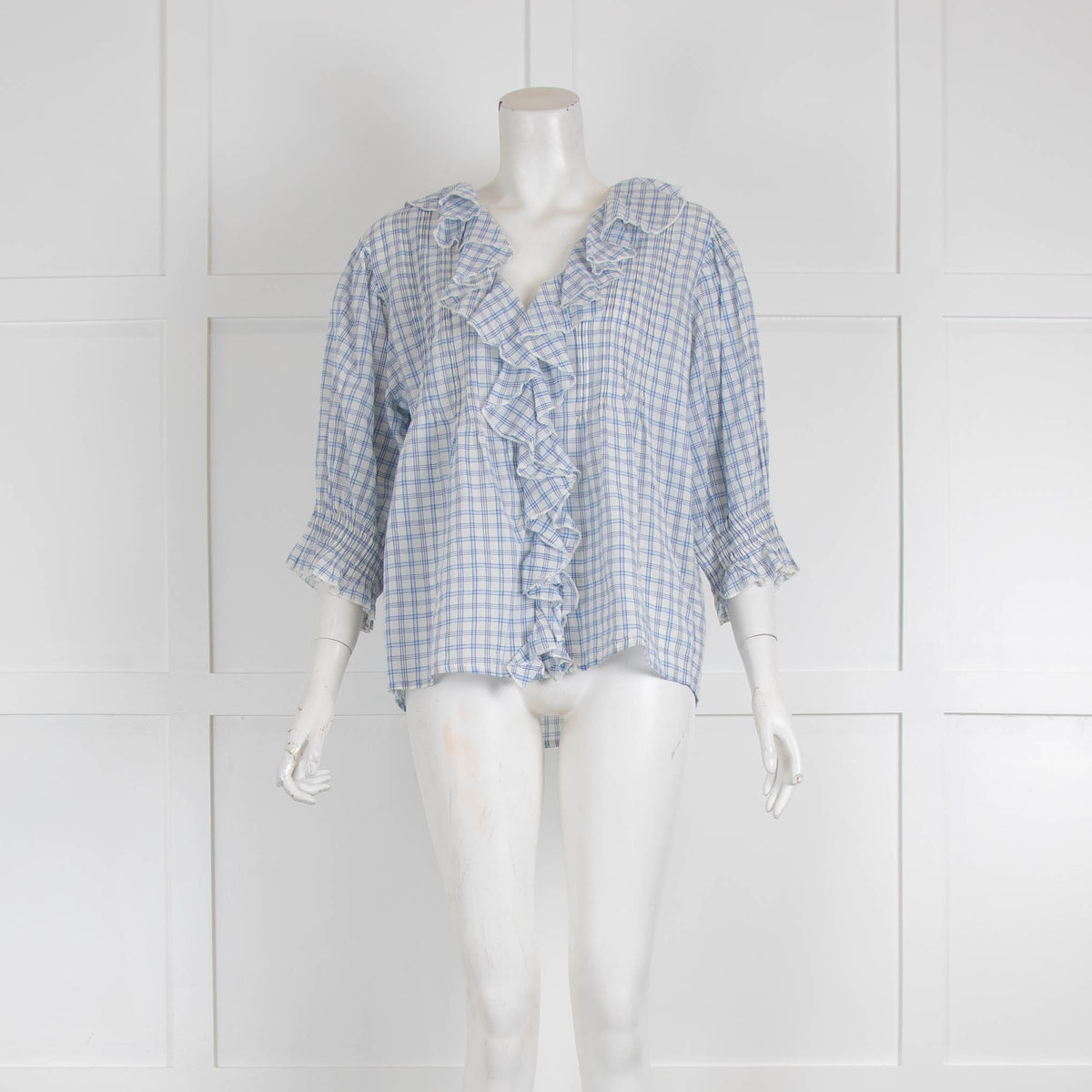 Leon & Harper Gingham Checked Ruffle Neck Shirt
