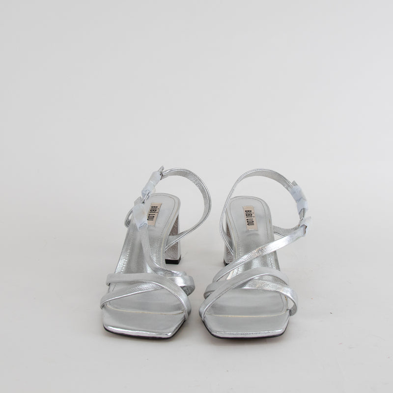 Bibi Lou Silver Strappy Block Heel Shoes