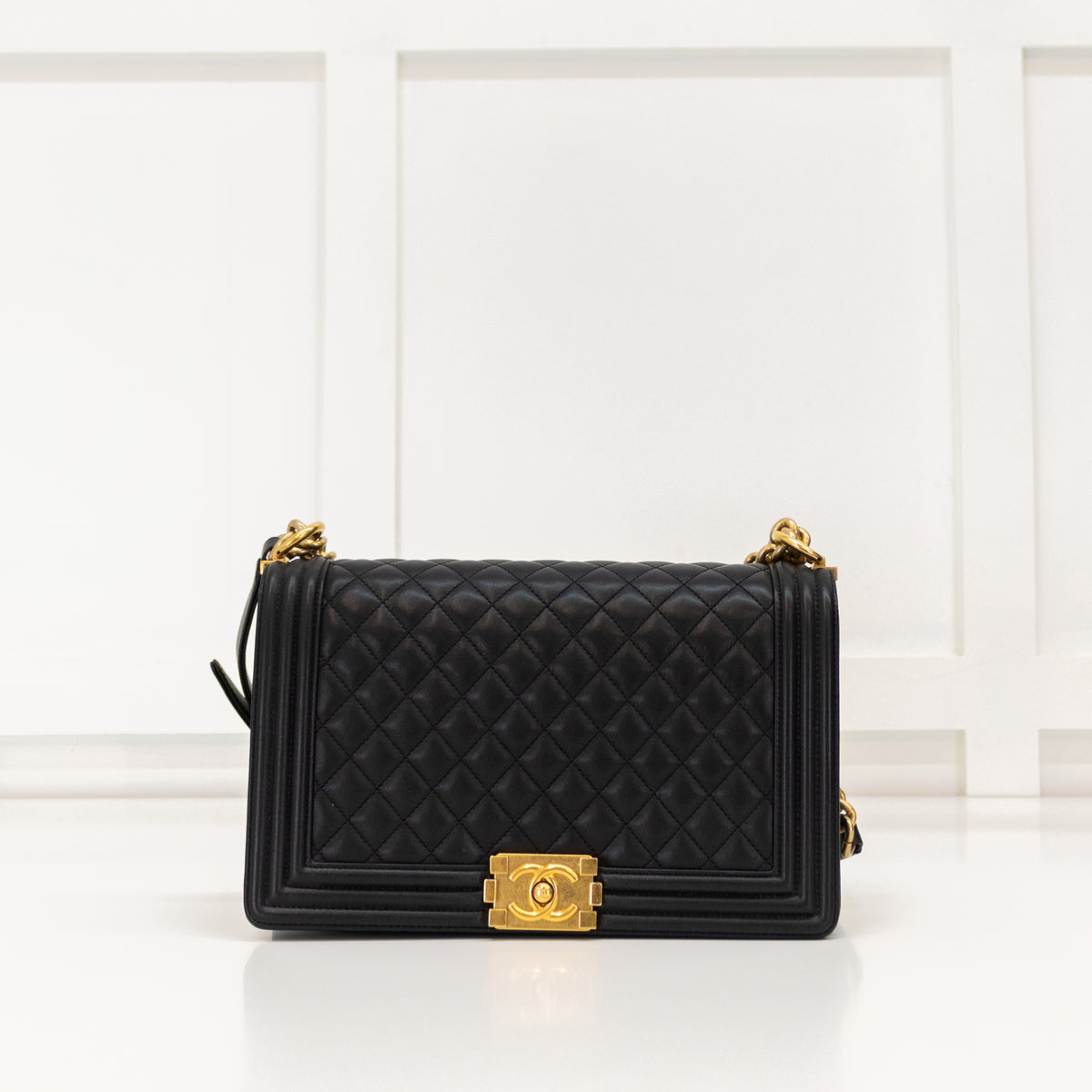 Chanel Black Lambskin Large Quilted Boy Bag with Gold Hardware