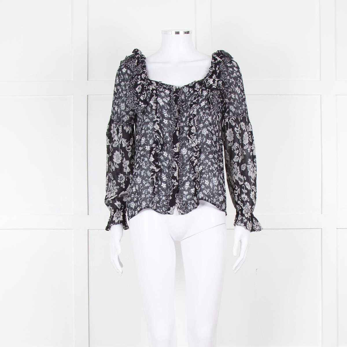 Sezane Black Cream Floral Ruffle Trim Blouse
