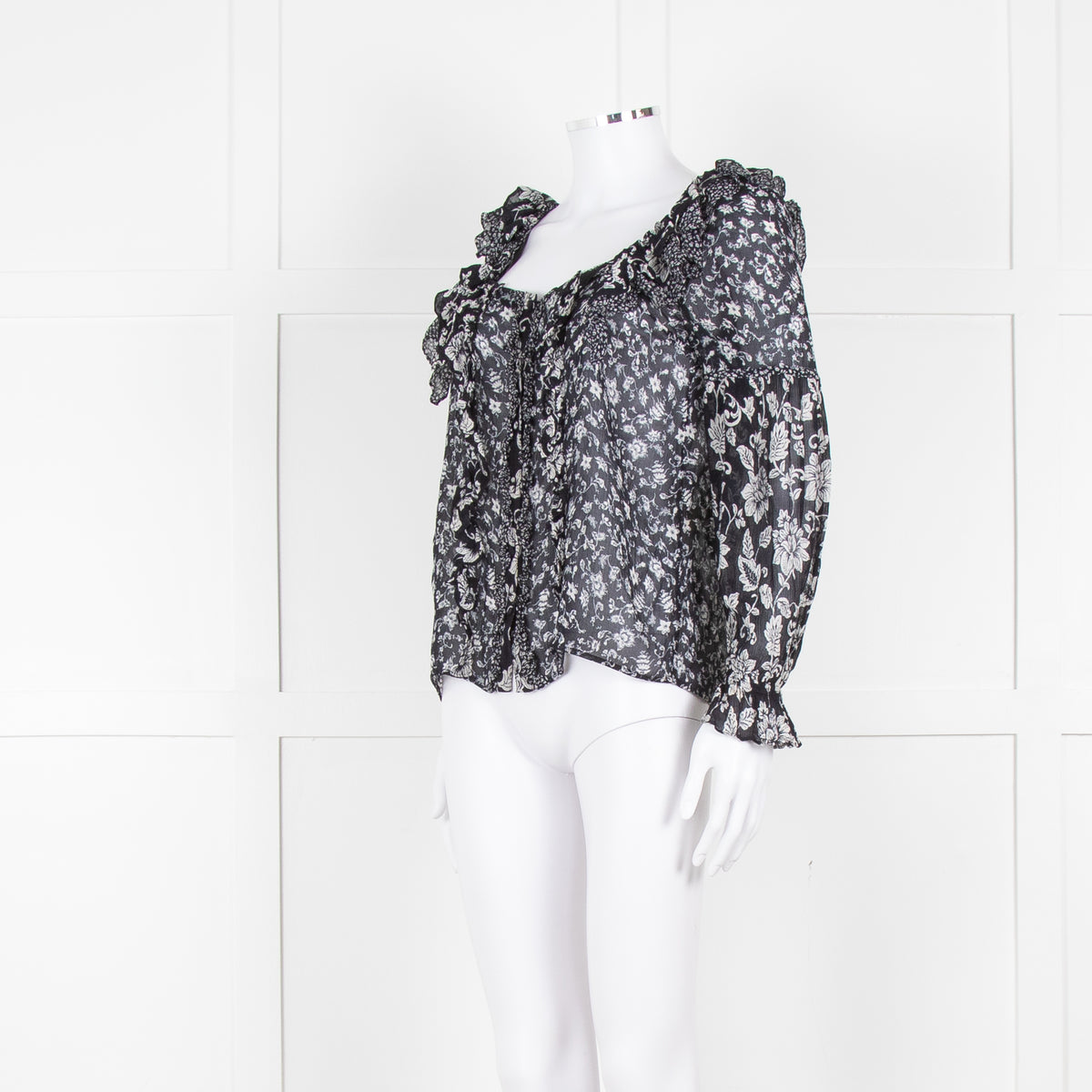 Sezane Black Cream Floral Ruffle Trim Blouse