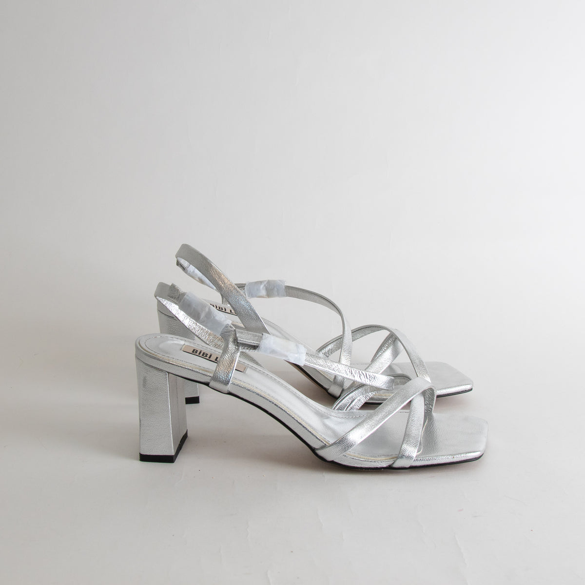 Bibi Lou Silver Strappy Block Heel Shoes