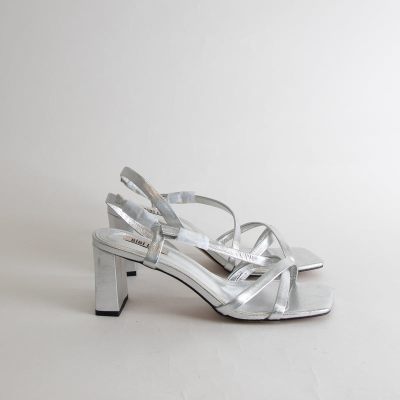 Bibi Lou Silver Strappy Block Heel Shoes