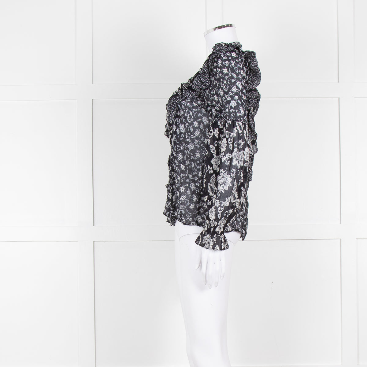 Sezane Black Cream Floral Ruffle Trim Blouse