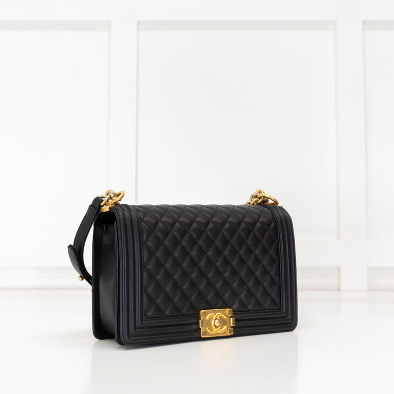 Chanel Black Lambskin Large Quilted Boy Bag with Gold Hardware