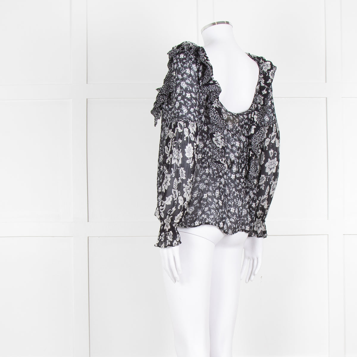 Sezane Black Cream Floral Ruffle Trim Blouse
