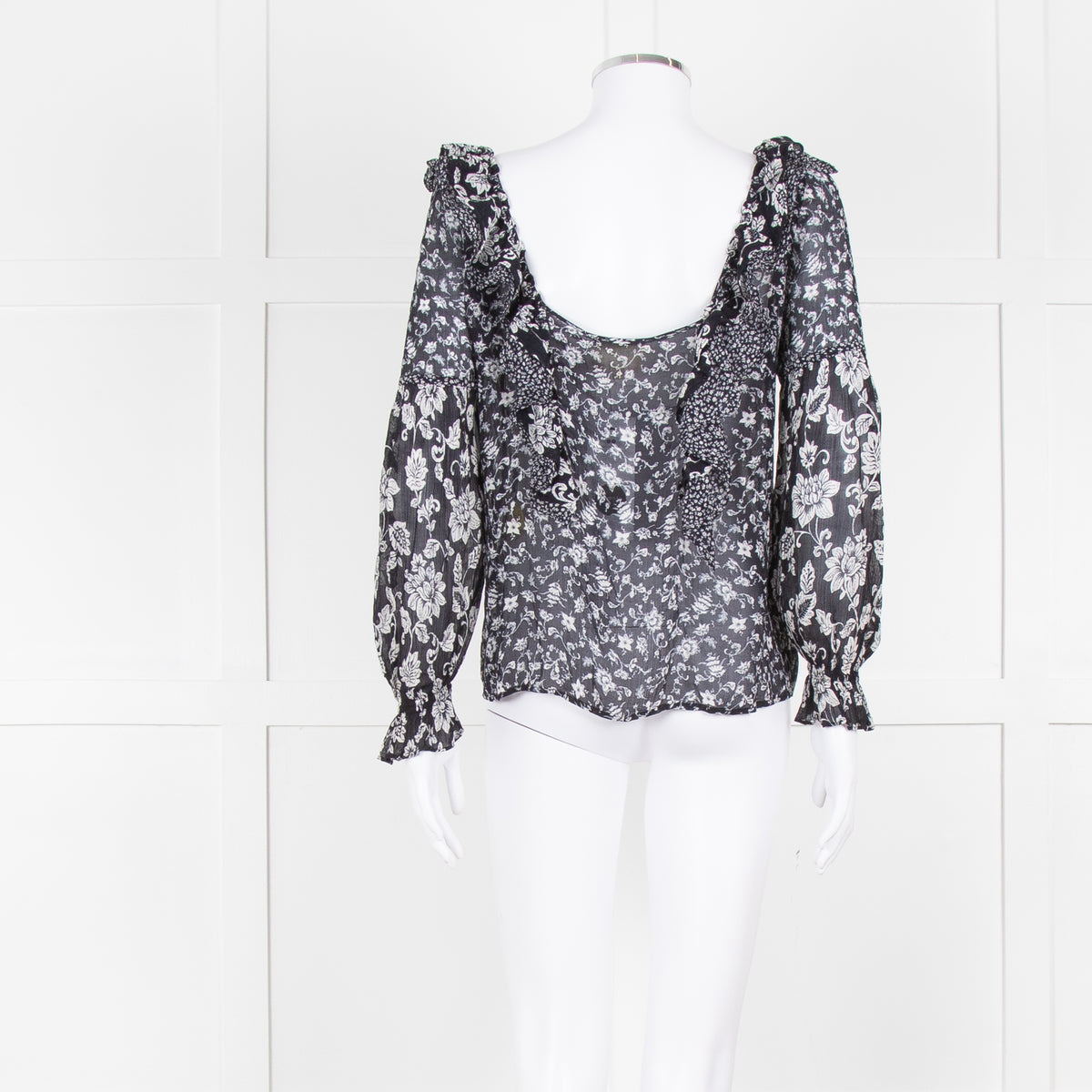 Sezane Black Cream Floral Ruffle Trim Blouse