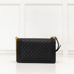 Chanel Black Lambskin Large Quilted Boy Bag with Gold Hardware