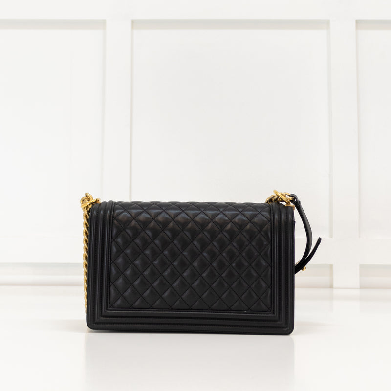 Chanel Black Lambskin Large Quilted Boy Bag with Gold Hardware