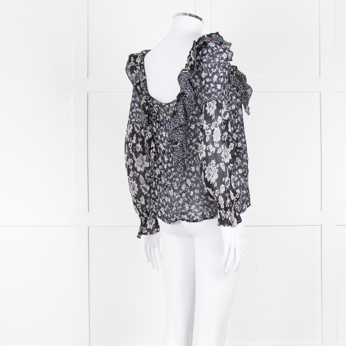 Sezane Black Cream Floral Ruffle Trim Blouse