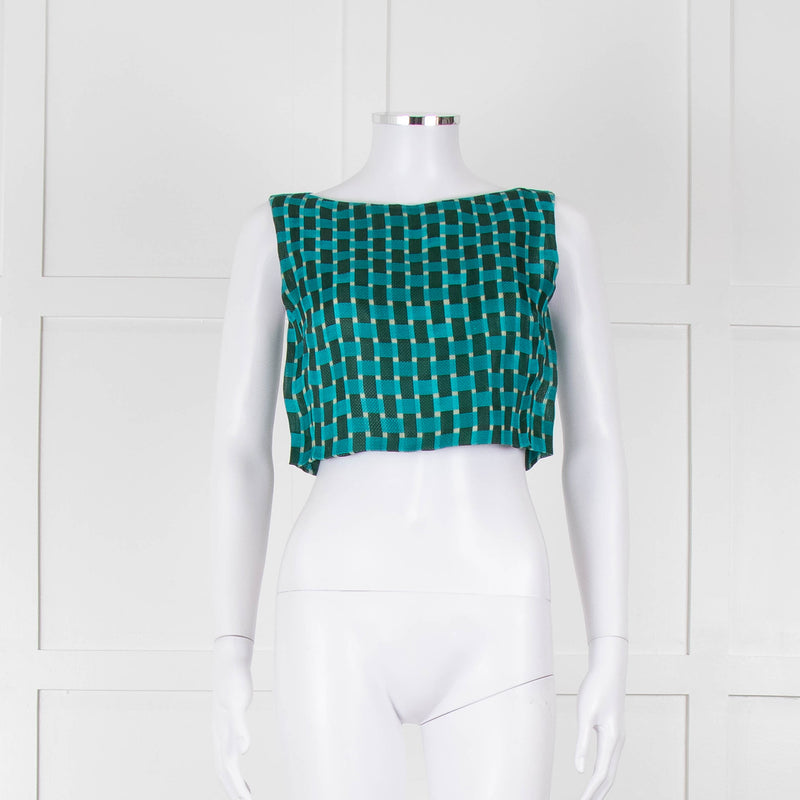 Jonathan Saunders Turquoise Khaki Green Geometric Print Cropped Top