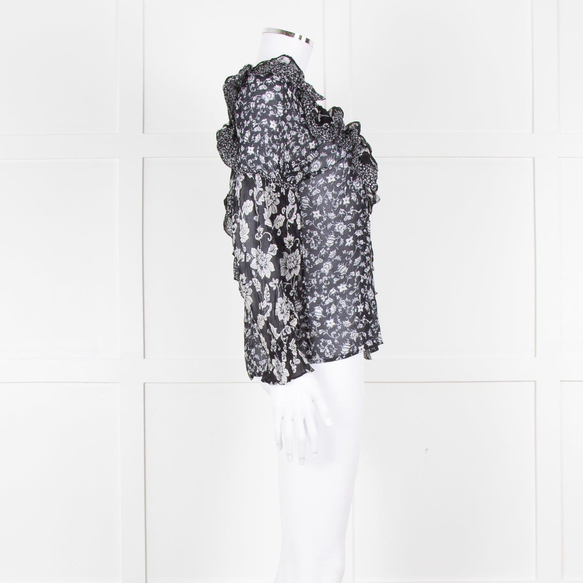 Sezane Black Cream Floral Ruffle Trim Blouse