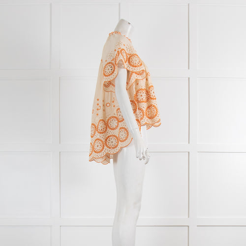Zimmermann Cream Orange Linen Embroidered Short Sleeve Top