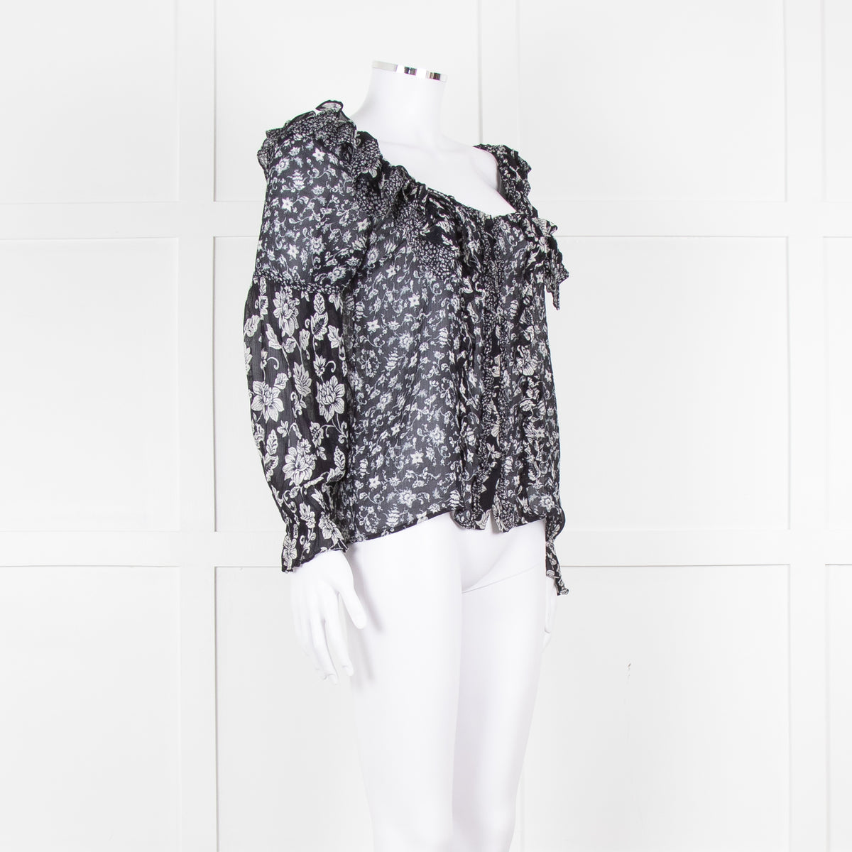 Sezane Black Cream Floral Ruffle Trim Blouse